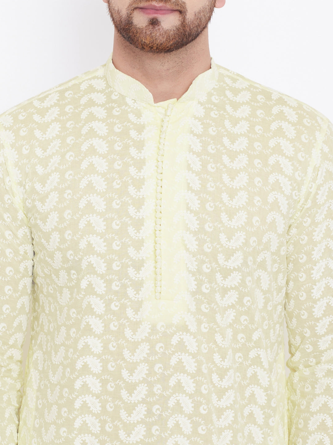 Men's Yellow and White Cotton Kurta