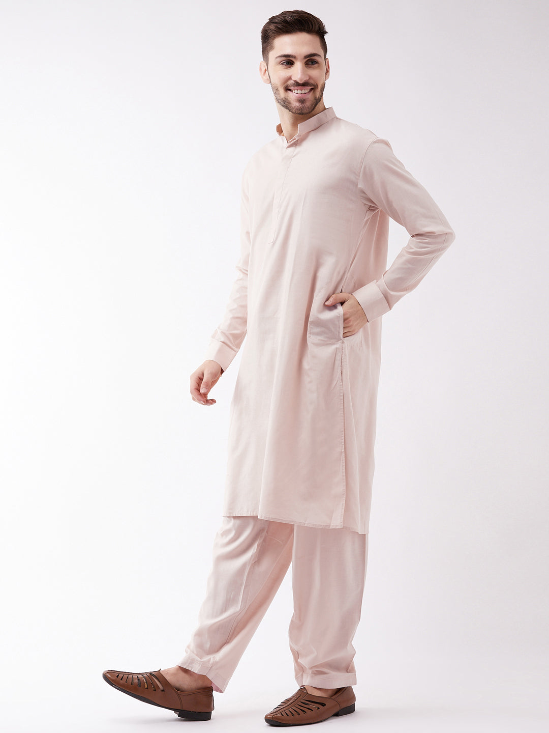 Men's Cream Cotton Blend Kurta and Patiala Set