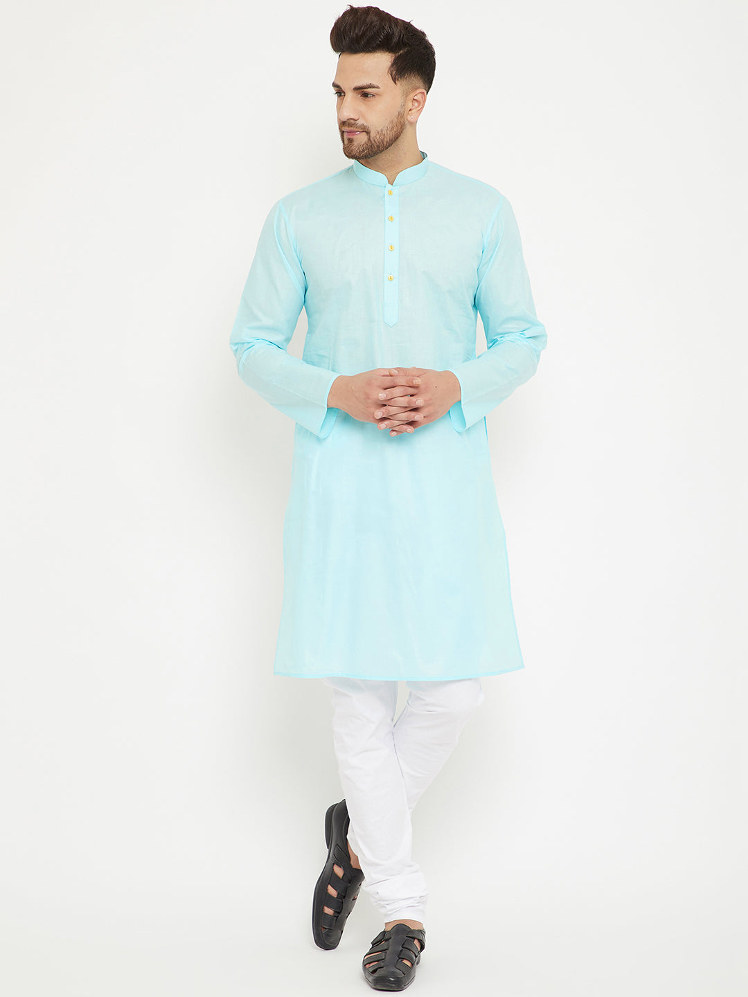 Men's Aqua Blue And White Cotton Kurta Pyjama Set