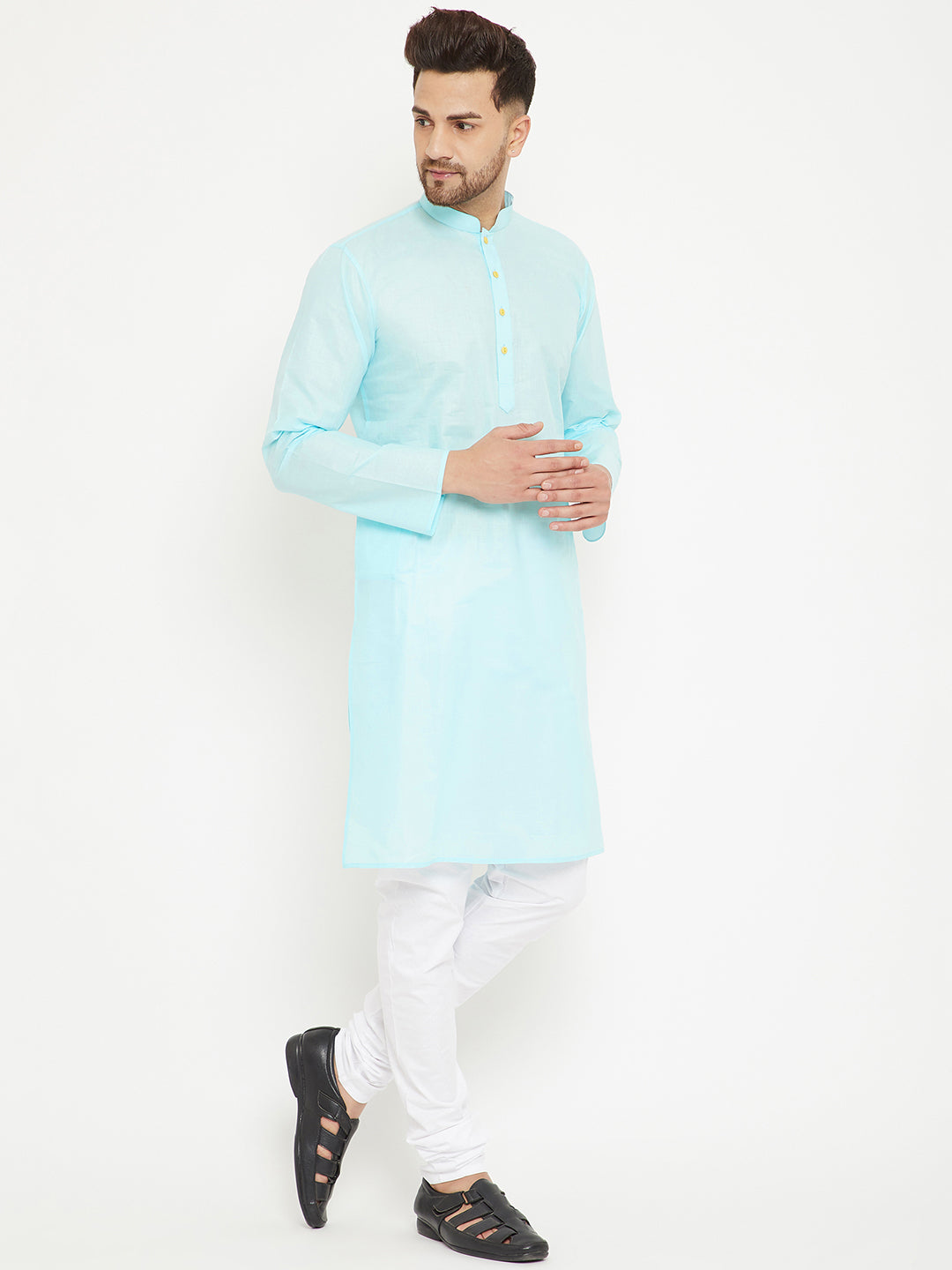 Men's Aqua Blue And White Cotton Kurta Pyjama Set