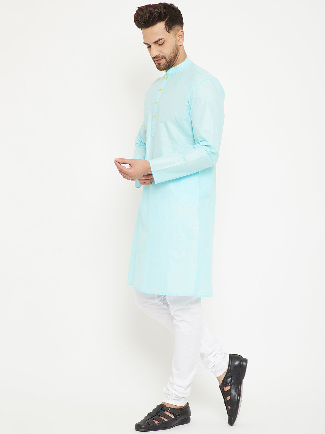 Men's Aqua Blue And White Cotton Kurta Pyjama Set