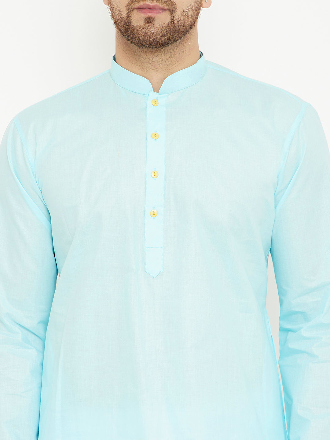 Men's Aqua Blue And White Cotton Kurta Pyjama Set