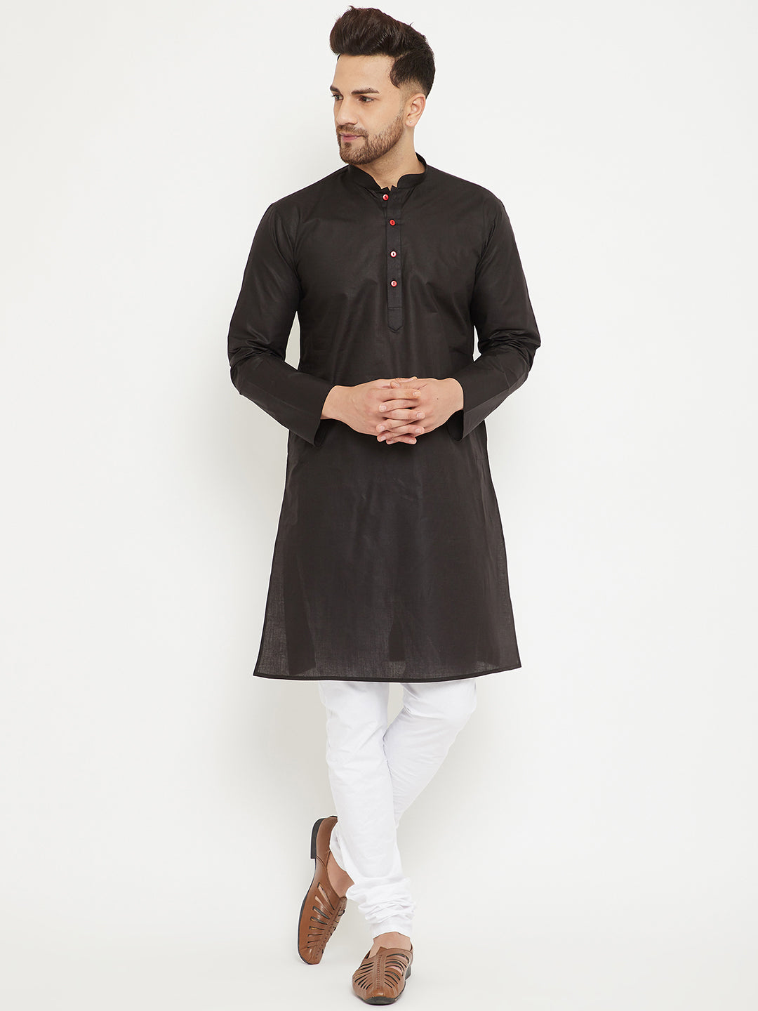 Men's Black And White Cotton Kurta Pyjama Set