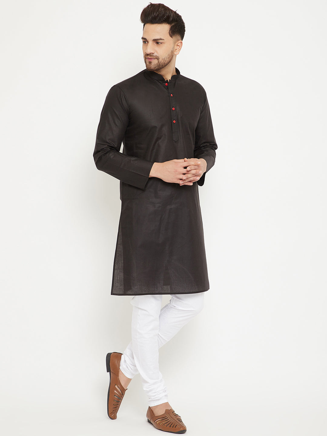 Men's Black And White Cotton Kurta Pyjama Set