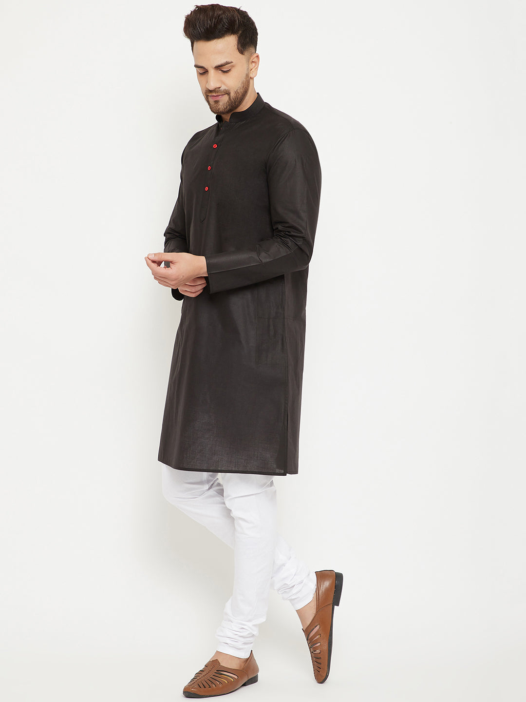 Men's Black And White Cotton Kurta Pyjama Set