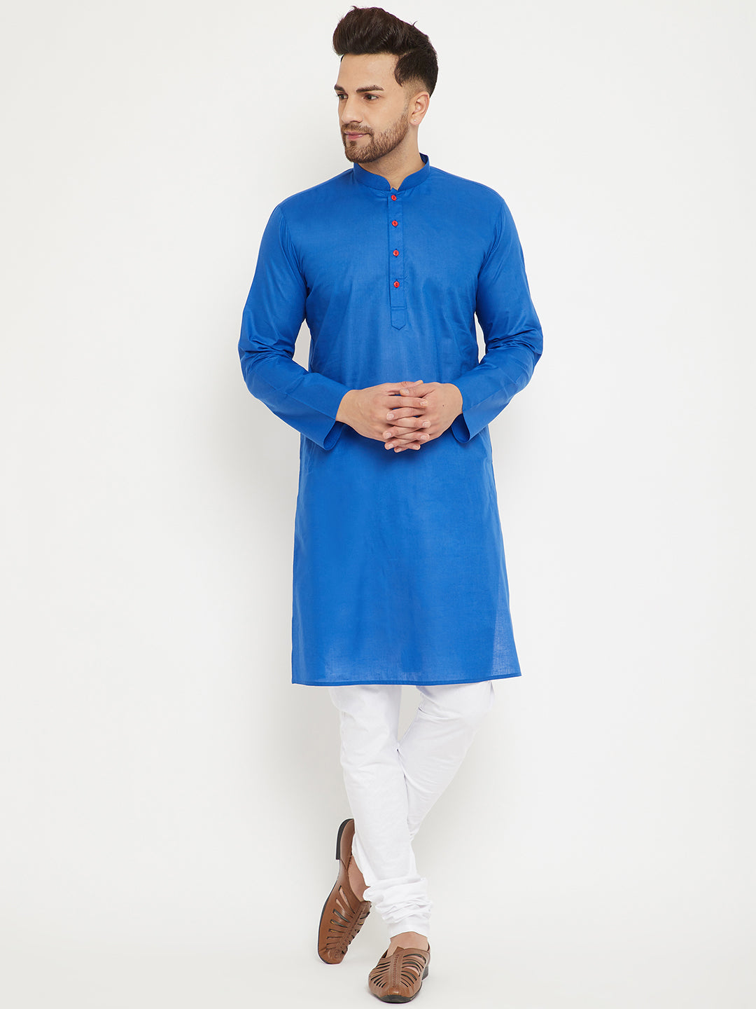 Men's Blue And White Cotton Kurta Pyjama Set