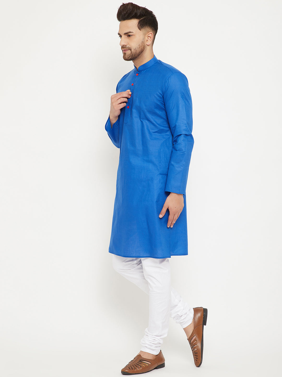 Men's Blue And White Cotton Kurta Pyjama Set