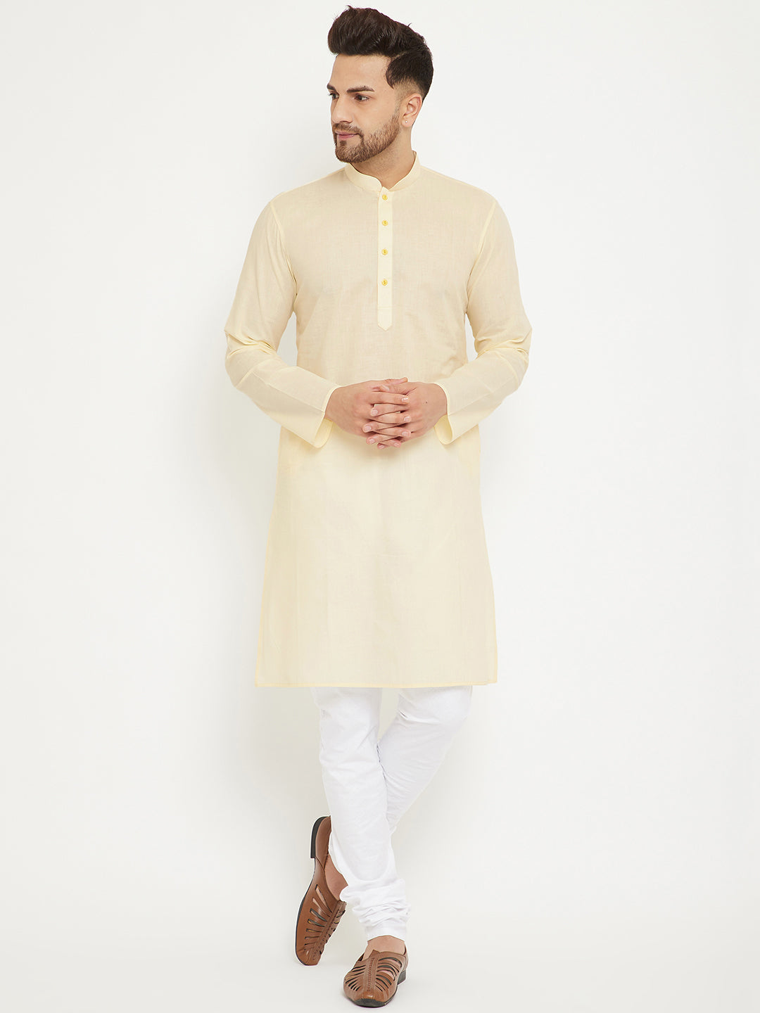 Men's Cream And White Cotton Kurta Pyjama Set