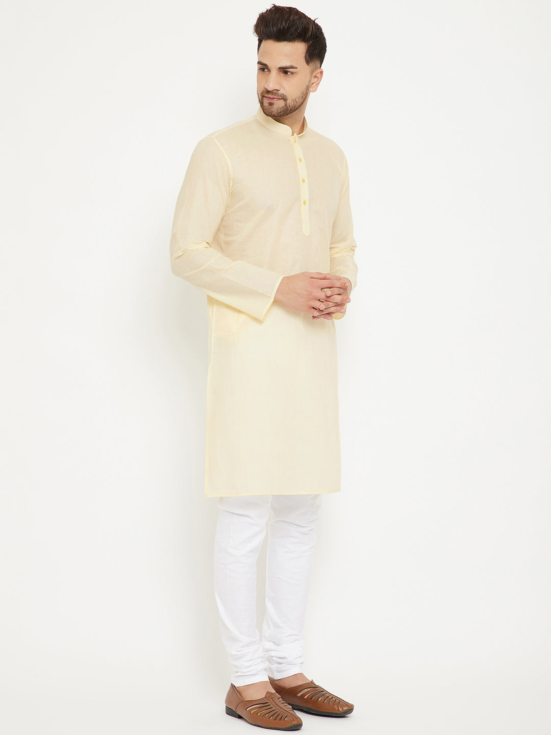 Men's Cream And White Cotton Kurta Pyjama Set