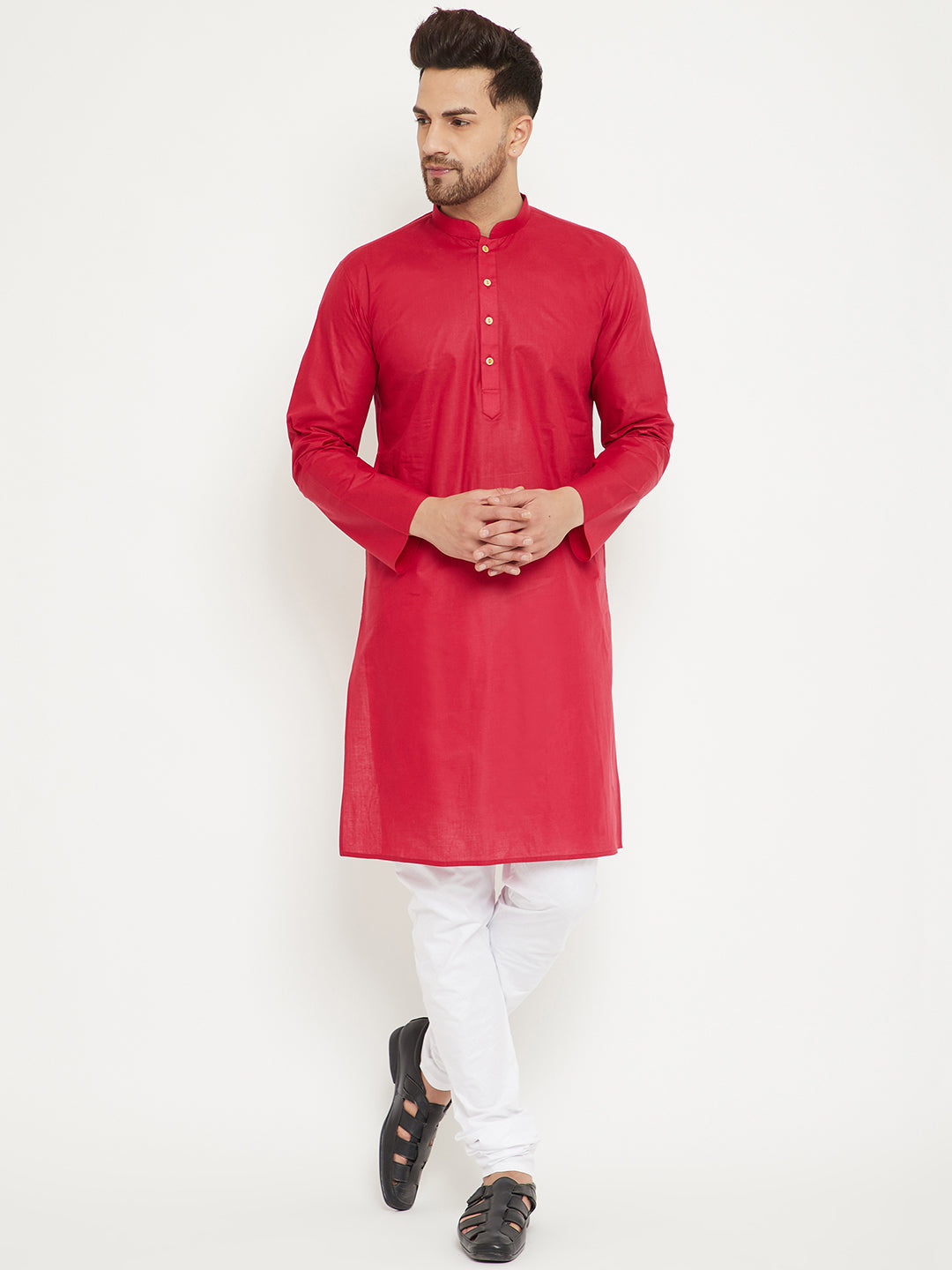 Men's Maroon And White Cotton Kurta Pyjama Set