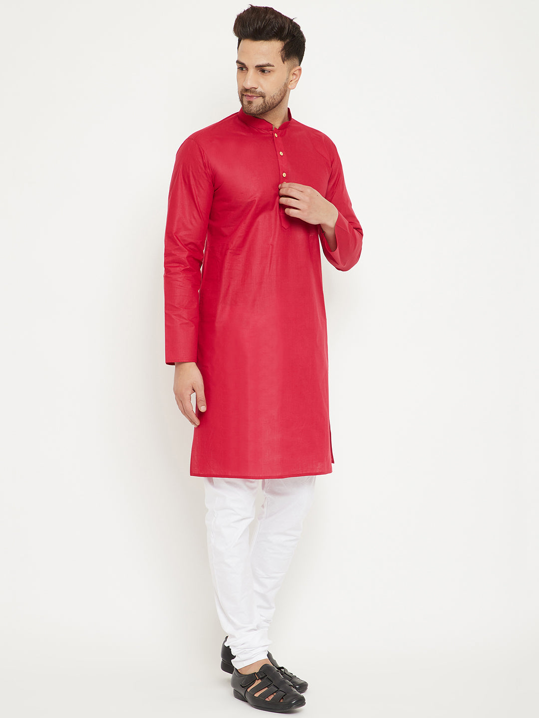 Men's Maroon And White Cotton Kurta Pyjama Set