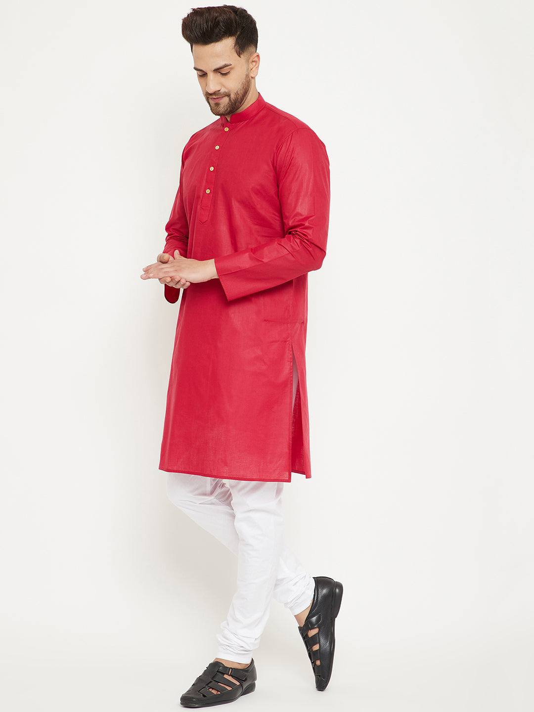 Men's Maroon And White Cotton Kurta Pyjama Set