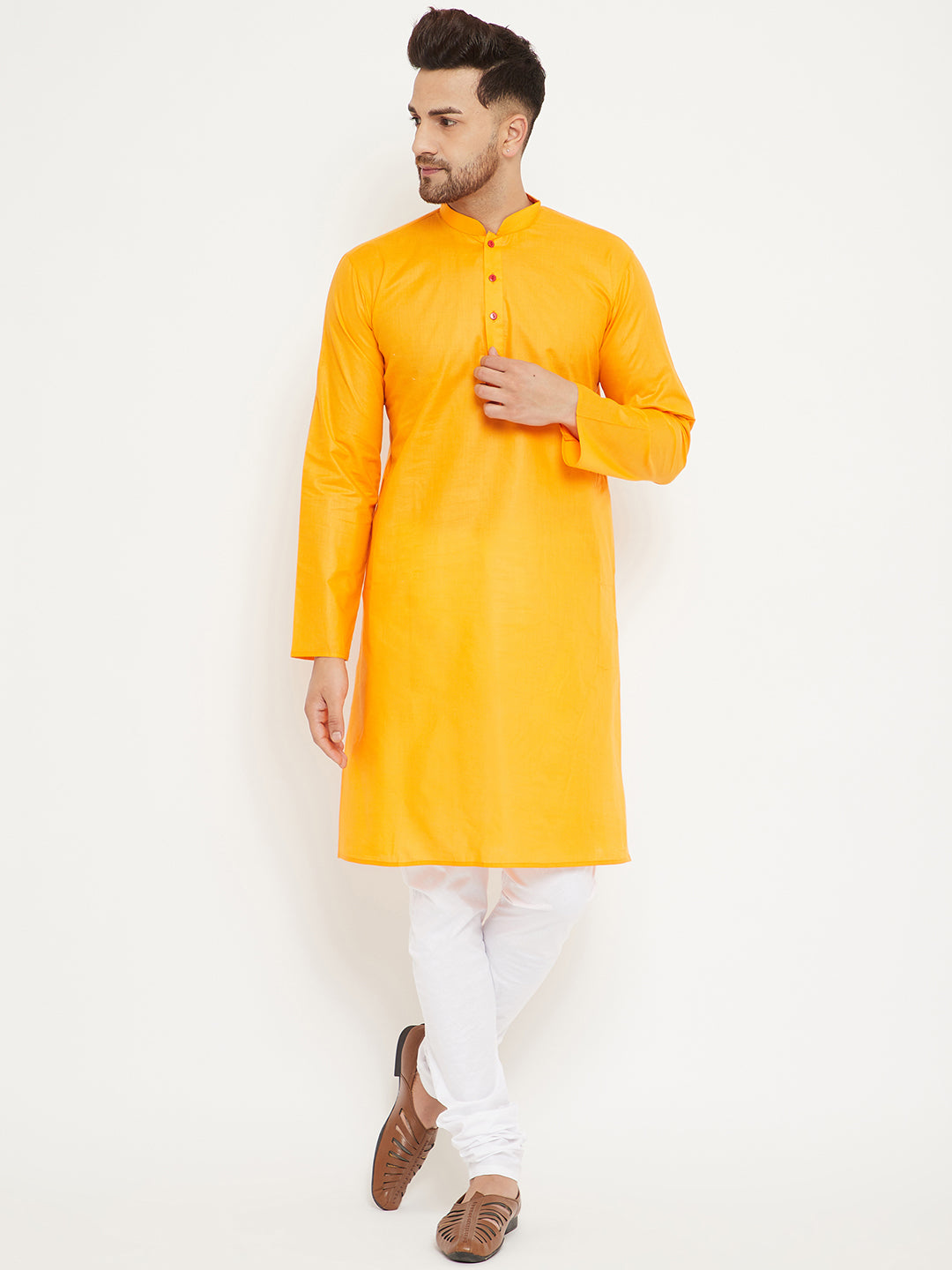 Men's Orange And White Cotton Kurta Pyjama Set