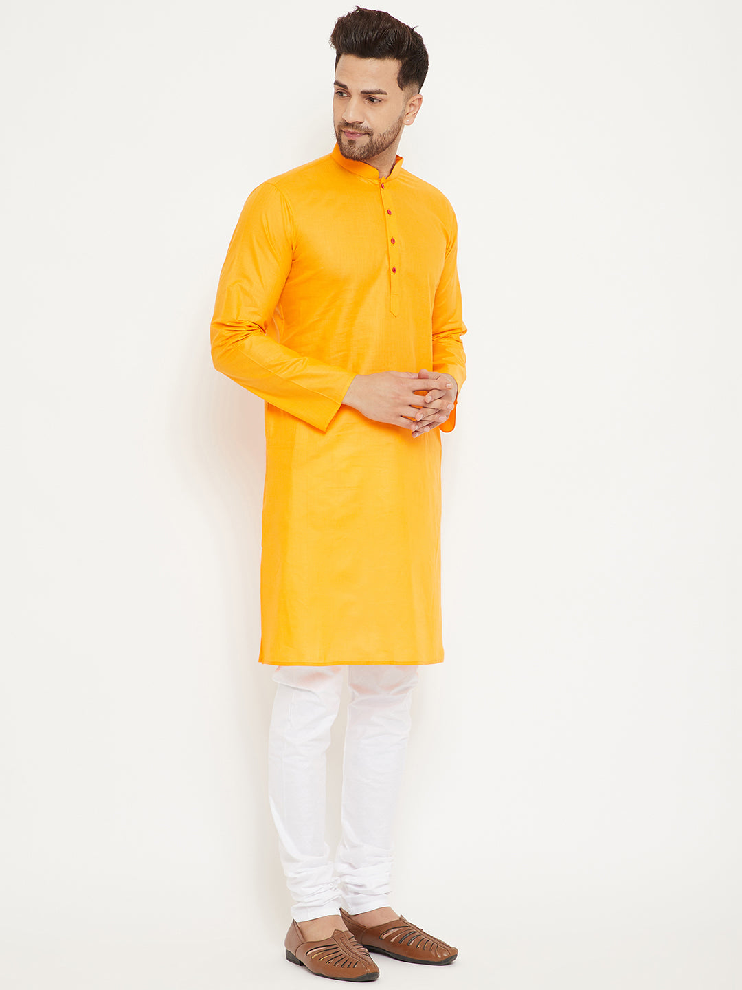 Men's Orange And White Cotton Kurta Pyjama Set