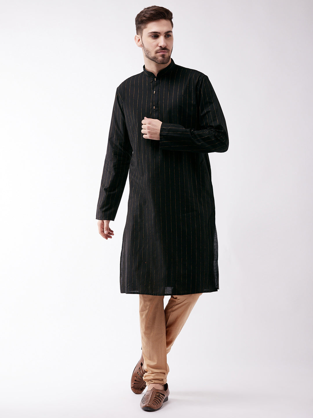 Men's Black And Rose Gold Cotton Blend Kurta Pyjama Set