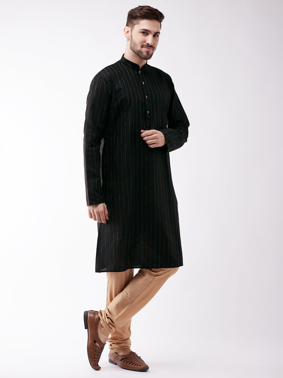 Men's Black And Rose Gold Cotton Blend Kurta Pyjama Set