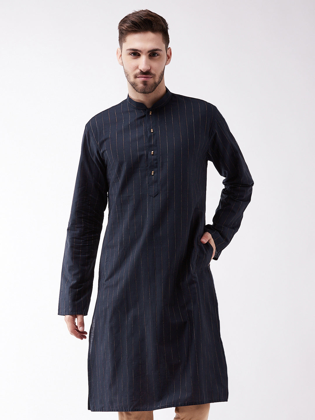 Men's Navy Blue Cotton Blend Kurta