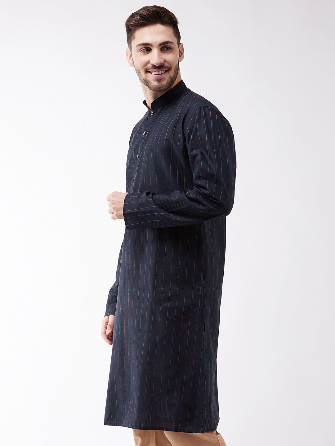 Men's Navy Blue Cotton Blend Kurta