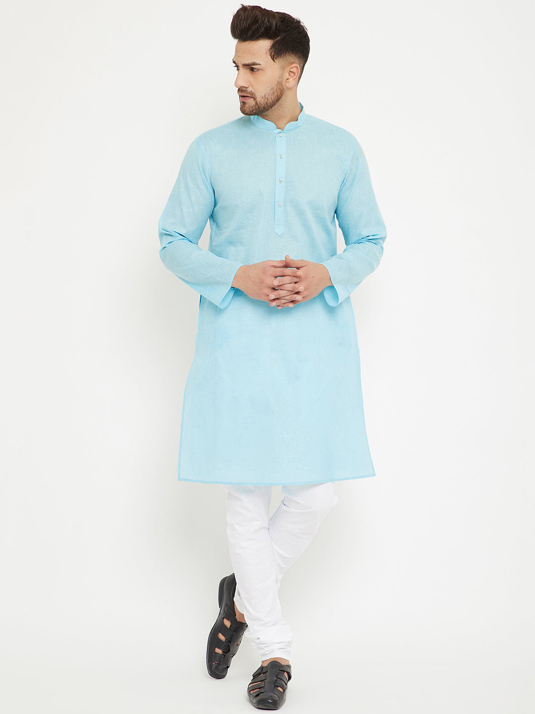 Men's Aqua Blue And White Cotton Blend Kurta Pyjama Set