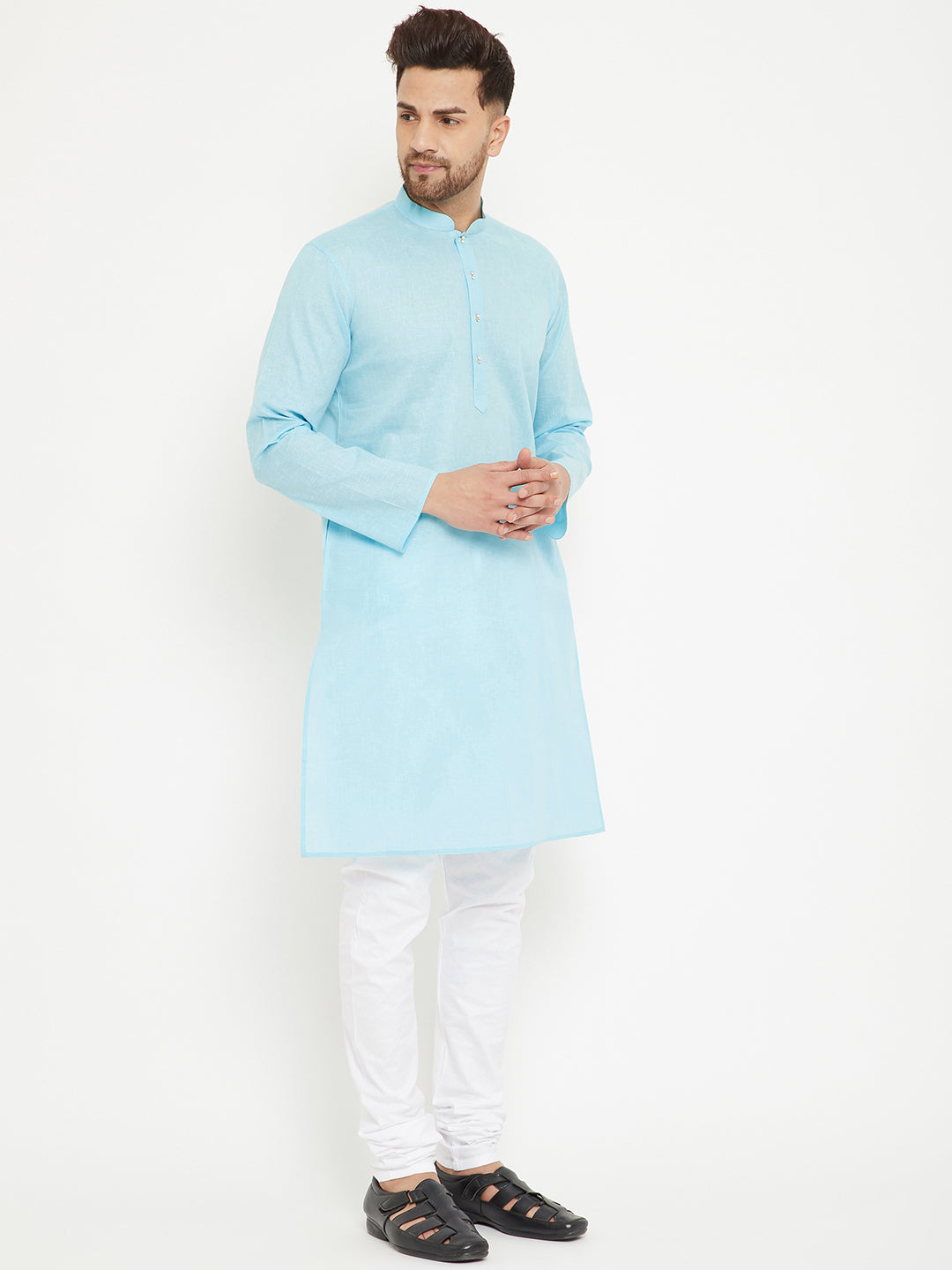 Men's Aqua Blue And White Cotton Blend Kurta Pyjama Set