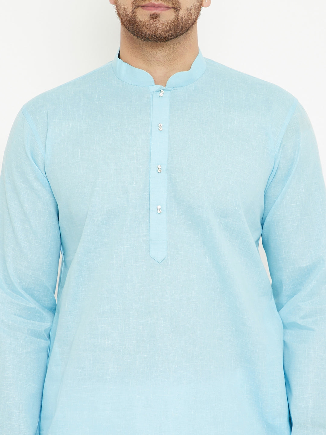 Men's Aqua Blue And White Cotton Blend Kurta Pyjama Set