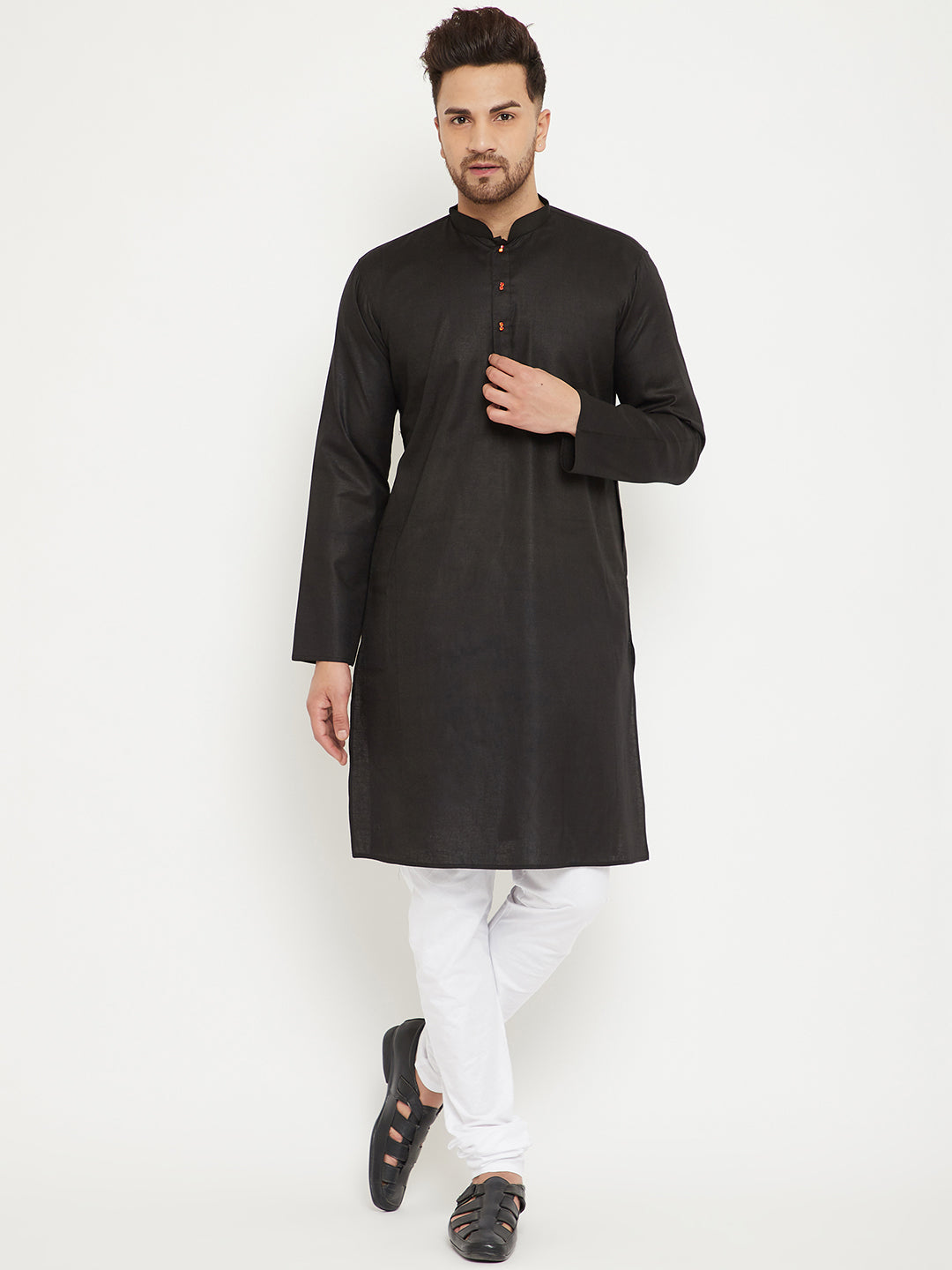 Men's Black And White Cotton Blend Kurta Pyjama Set