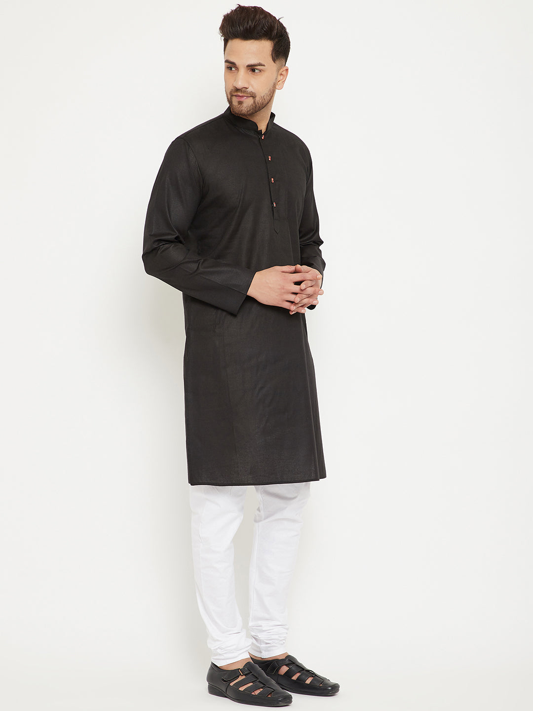 Men's Black And White Cotton Blend Kurta Pyjama Set