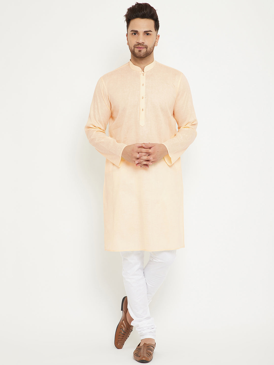 Men's Cream And White Cotton Blend Kurta Pyjama Set