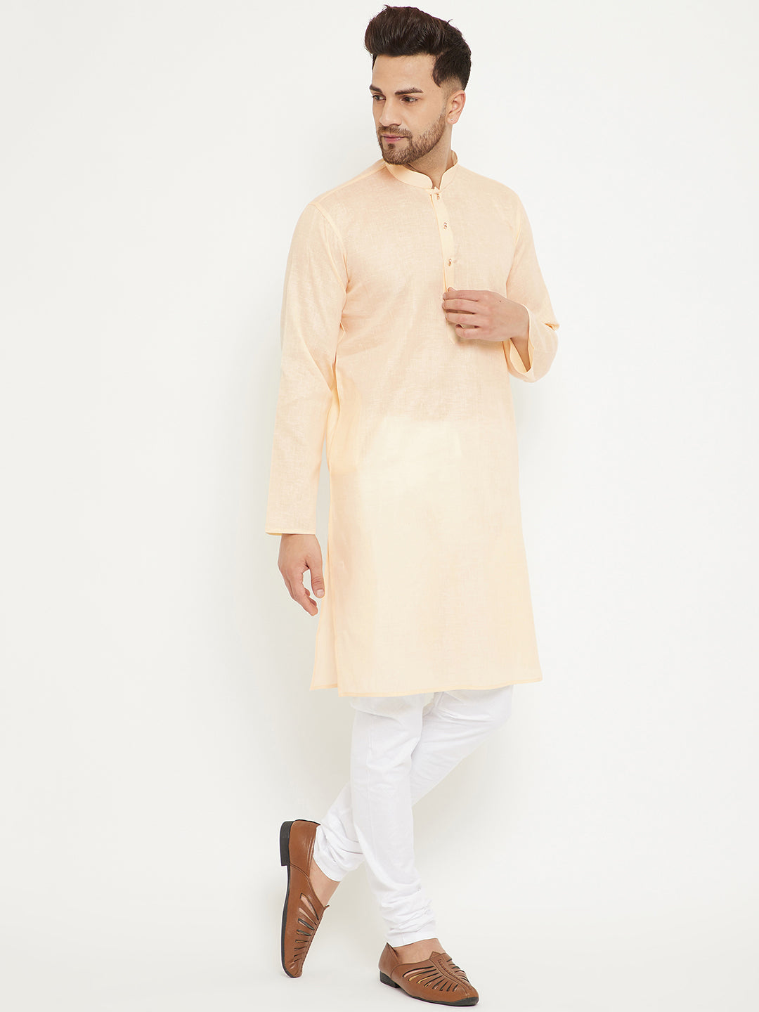 Men's Cream And White Cotton Blend Kurta Pyjama Set