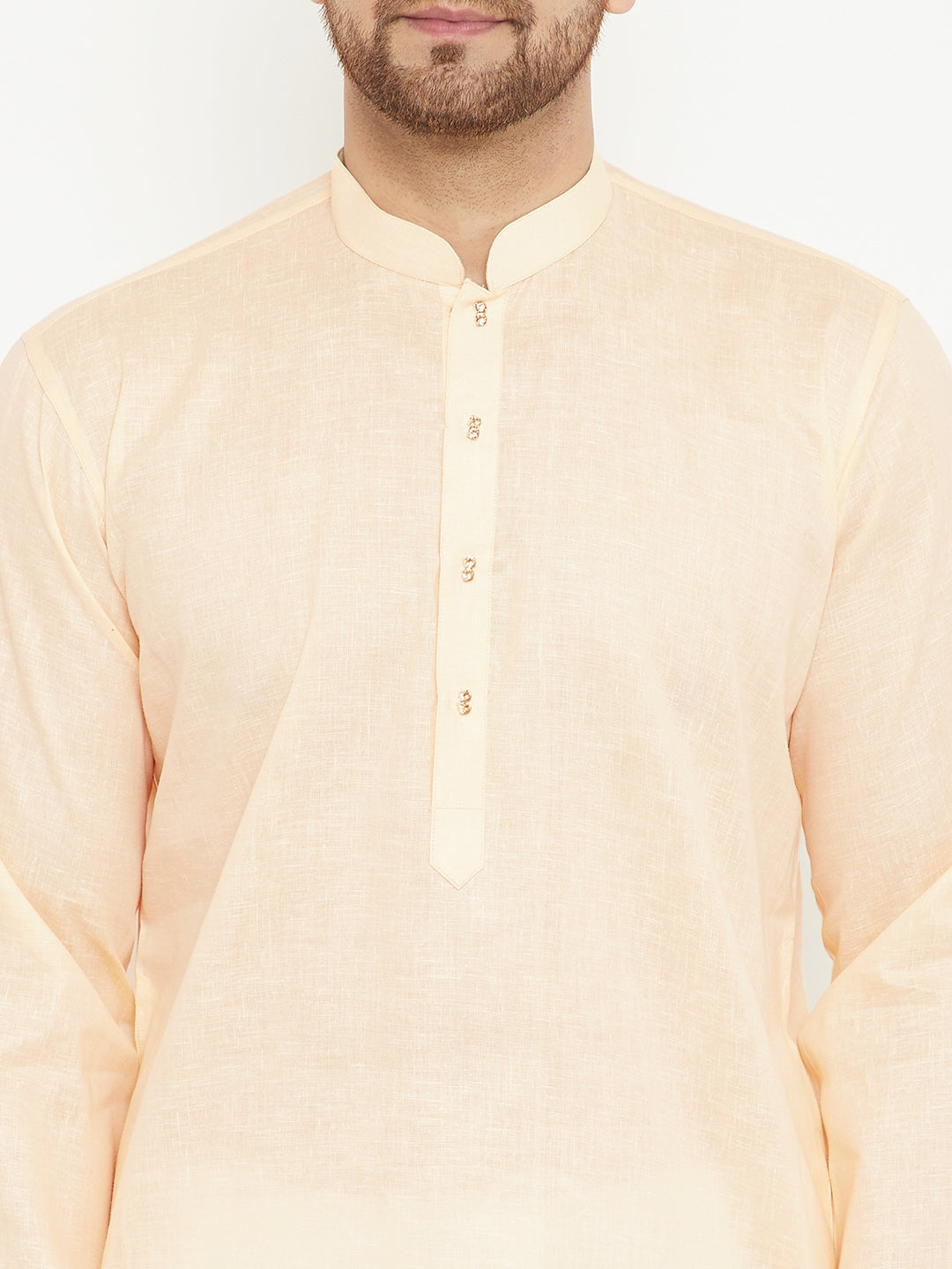 Men's Cream And White Cotton Blend Kurta Pyjama Set