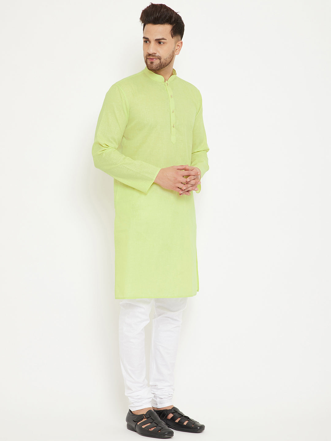 Men's Green And White Cotton Blend Kurta Pyjama Set