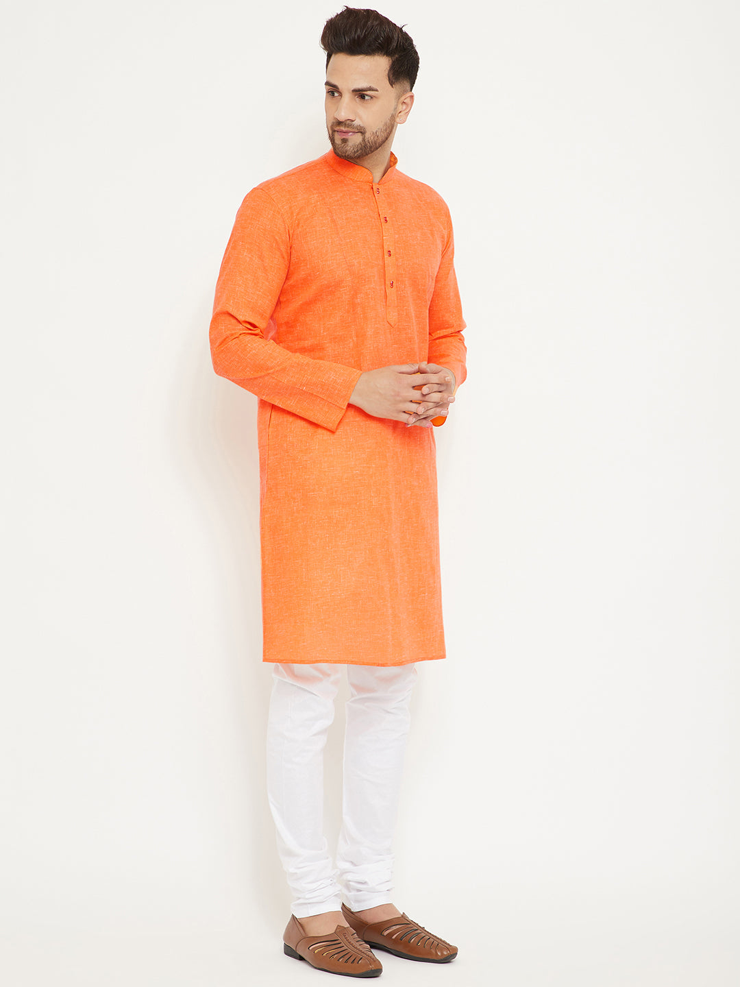 Men's Orange And White Cotton Blend Kurta Pyjama Set