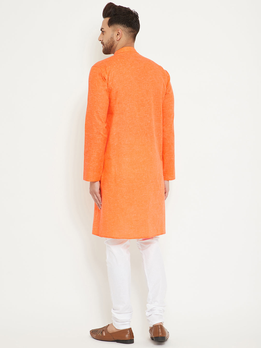 Men's Orange And White Cotton Blend Kurta Pyjama Set