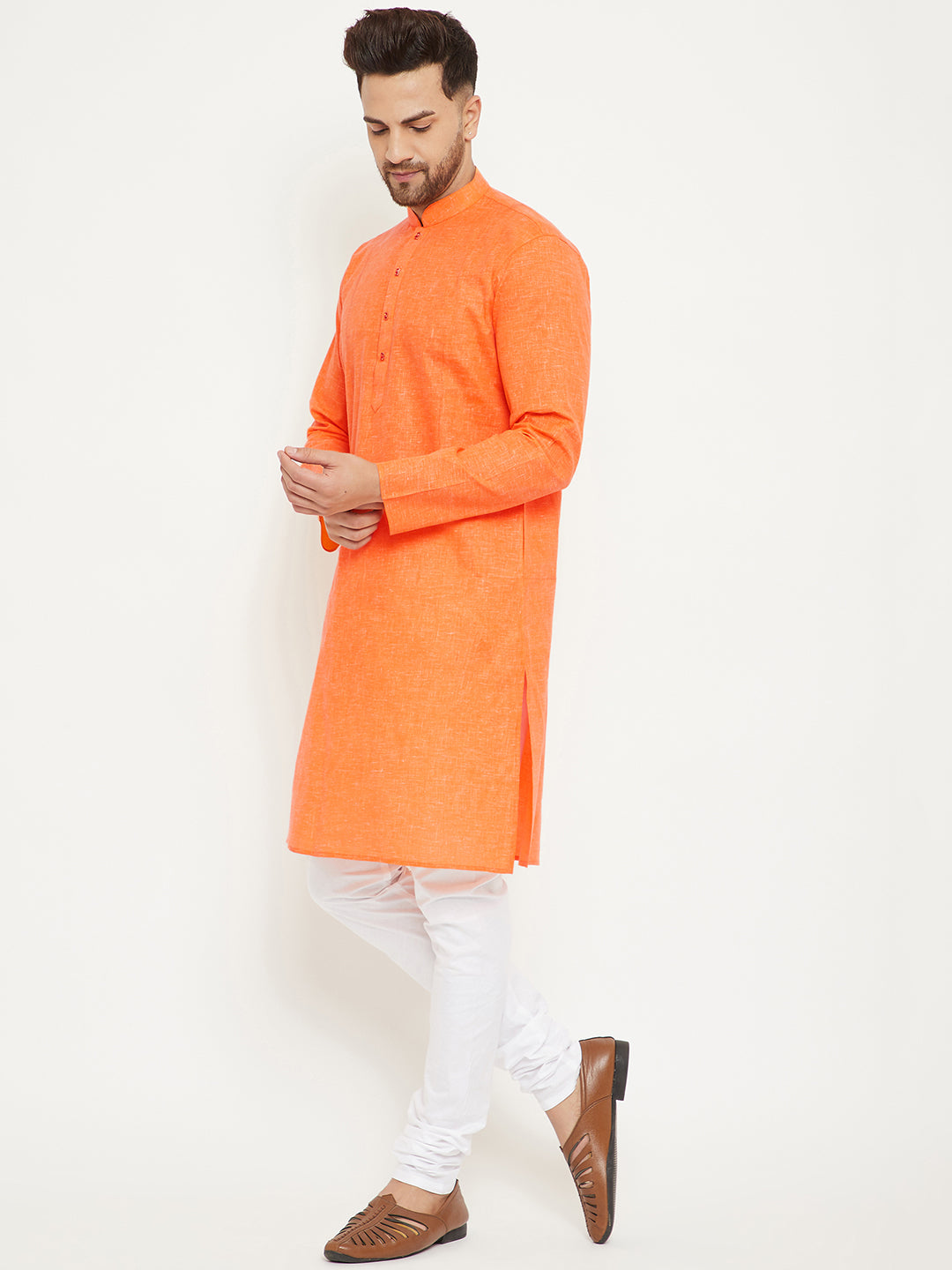 Men's Orange And White Cotton Blend Kurta Pyjama Set