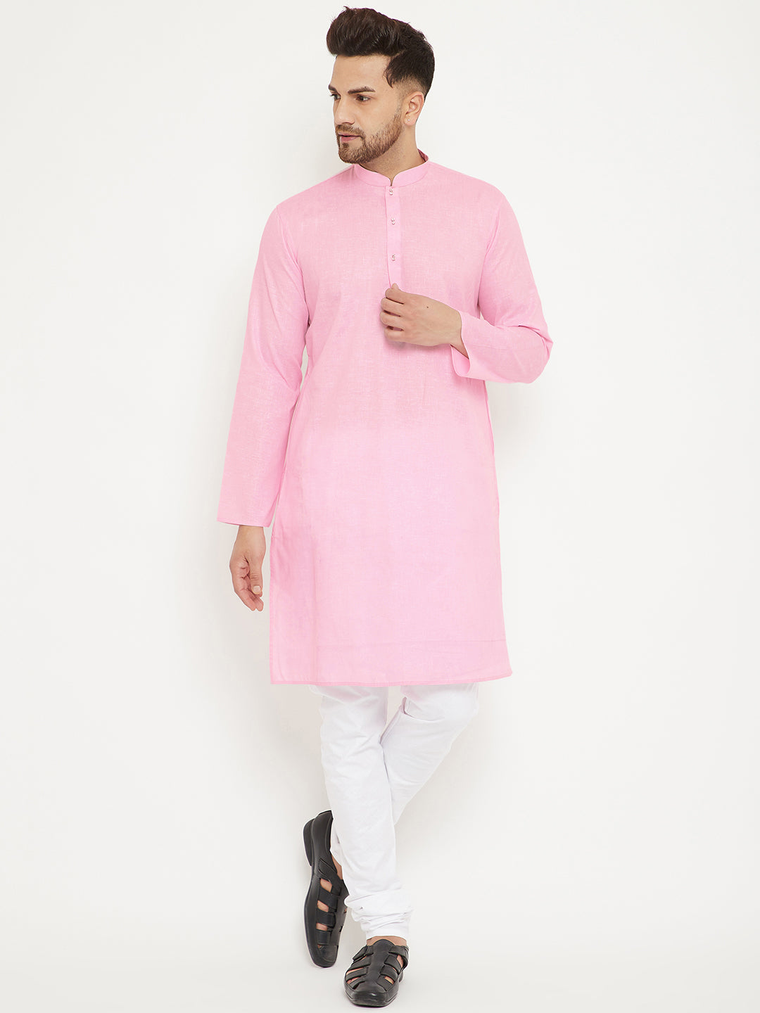 Men's Pink And White Cotton Blend Kurta Pyjama Set