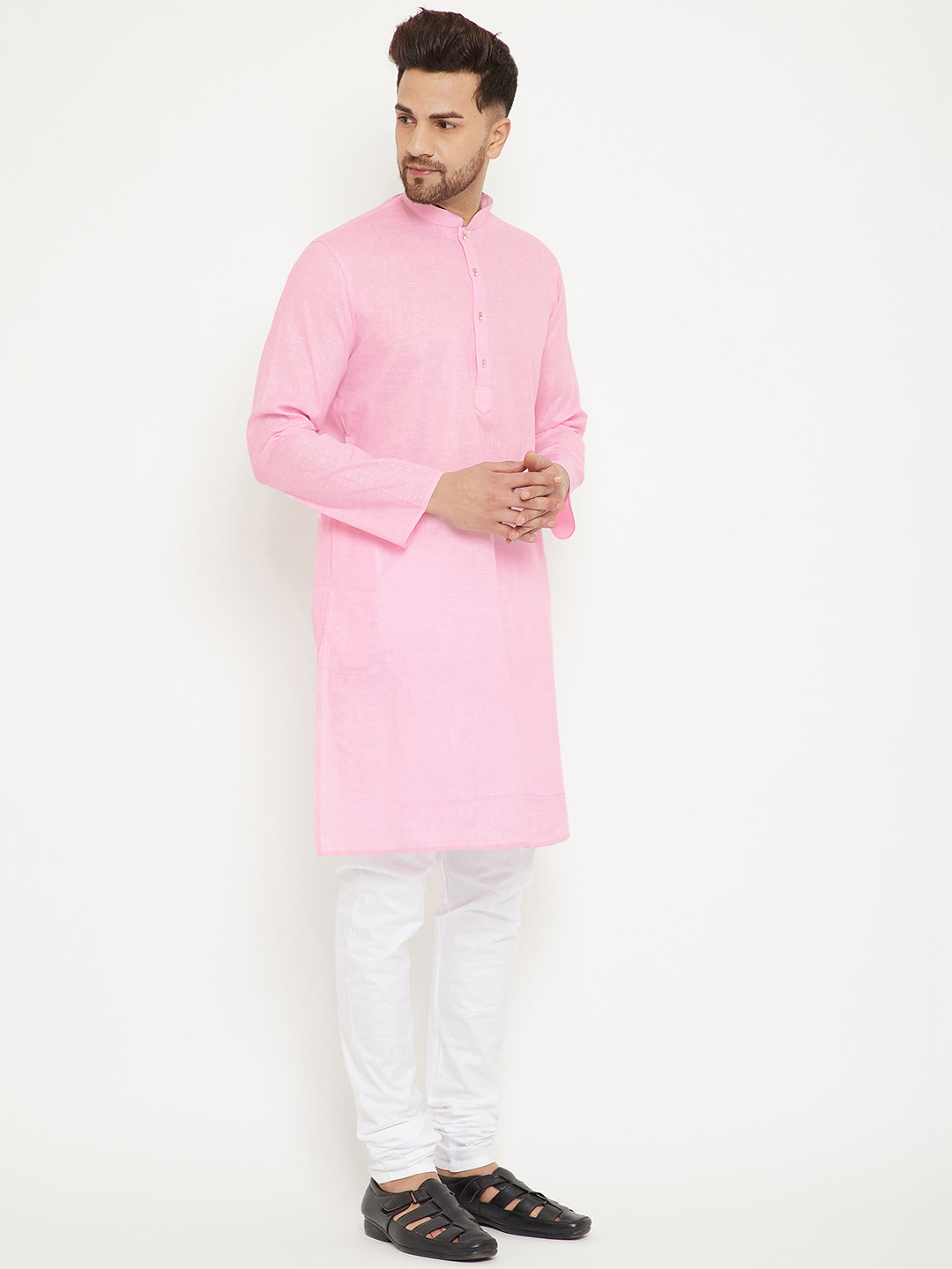 Men's Pink And White Cotton Blend Kurta Pyjama Set