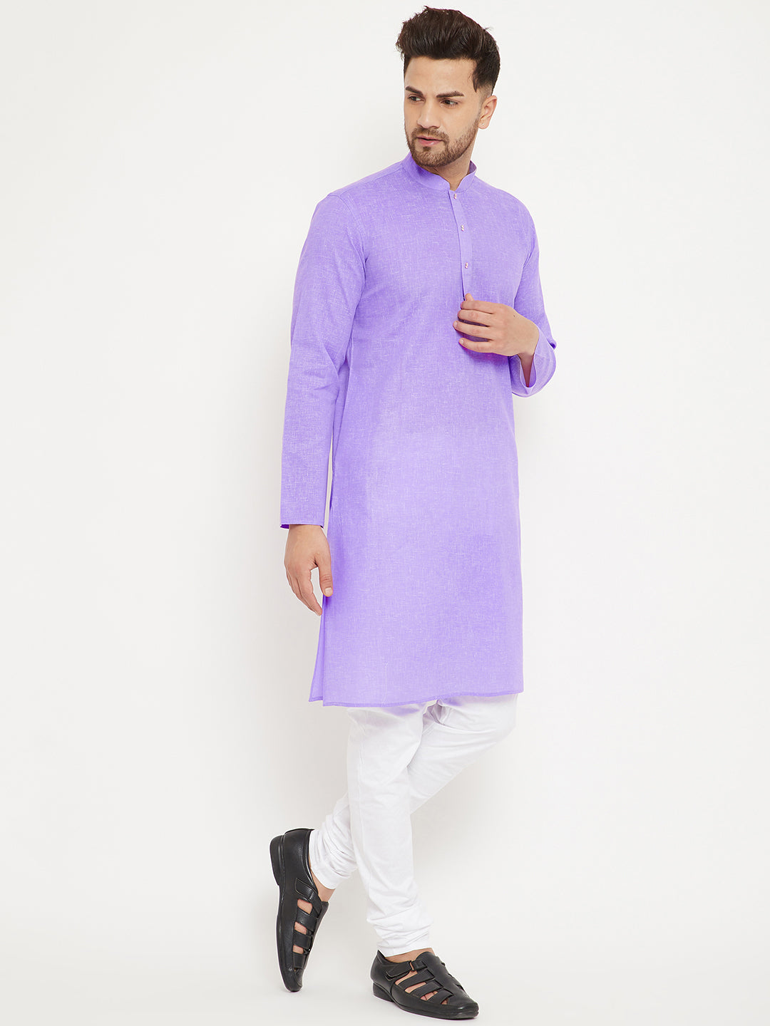 Men's Purple And White Cotton Blend Kurta Pyjama Set