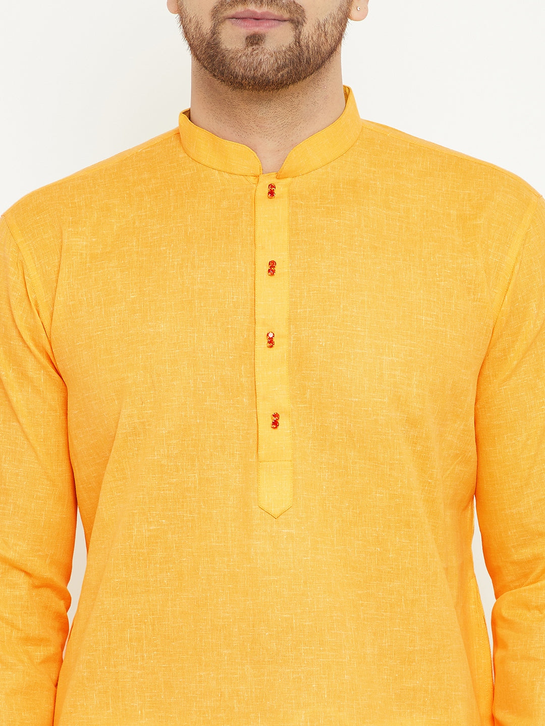 Men's Yellow And White Cotton Blend Kurta Pyjama Set