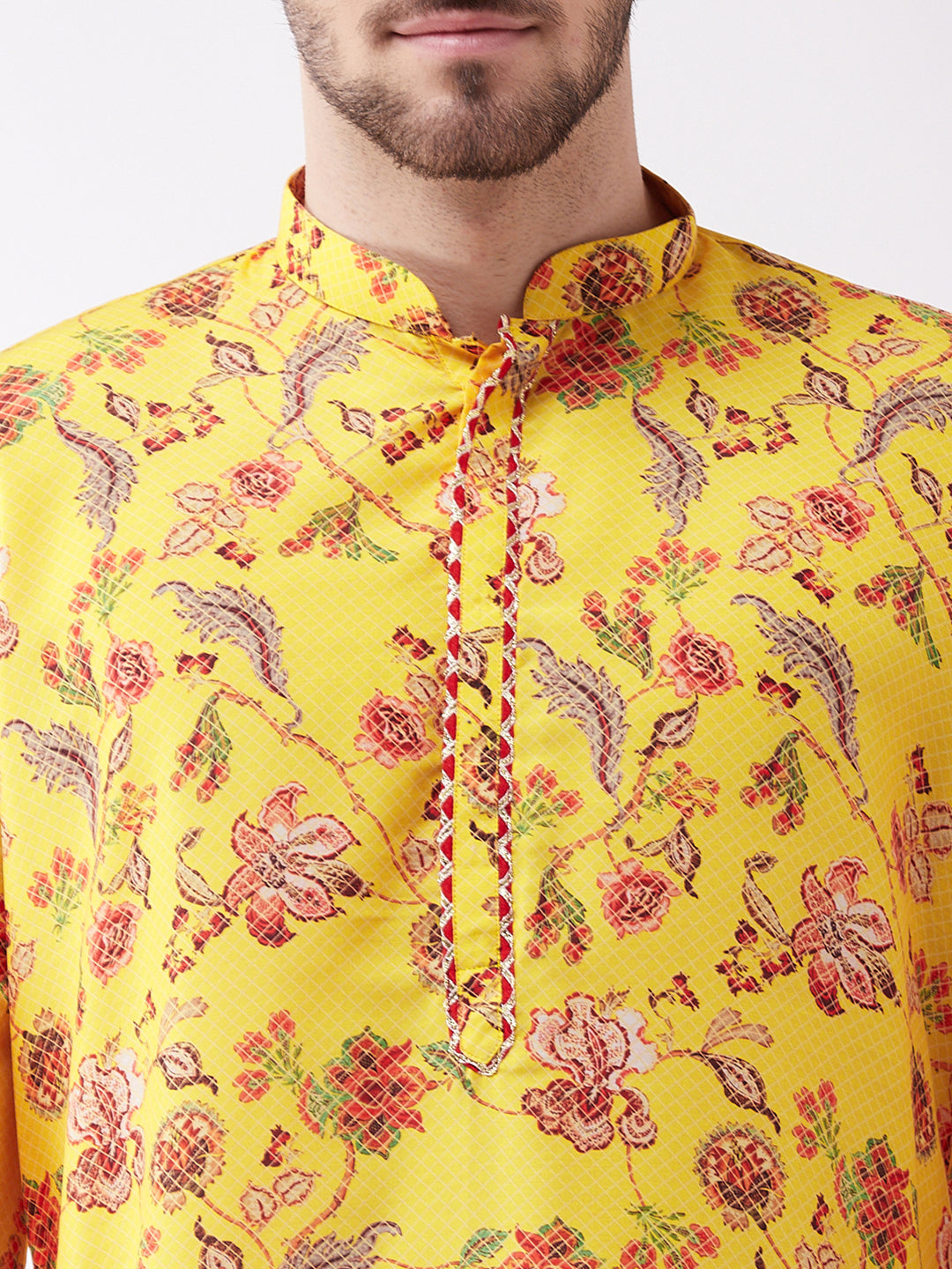 Men's Floral Printed Multicolor-Base-Yellow Silk Blend Kurta