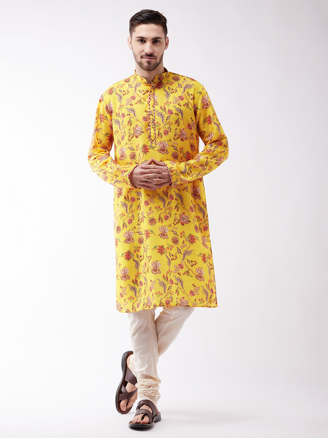 Men's Floral Printed Multicolor-Base-Yellow Silk Blend Kurta And Pyjama Set