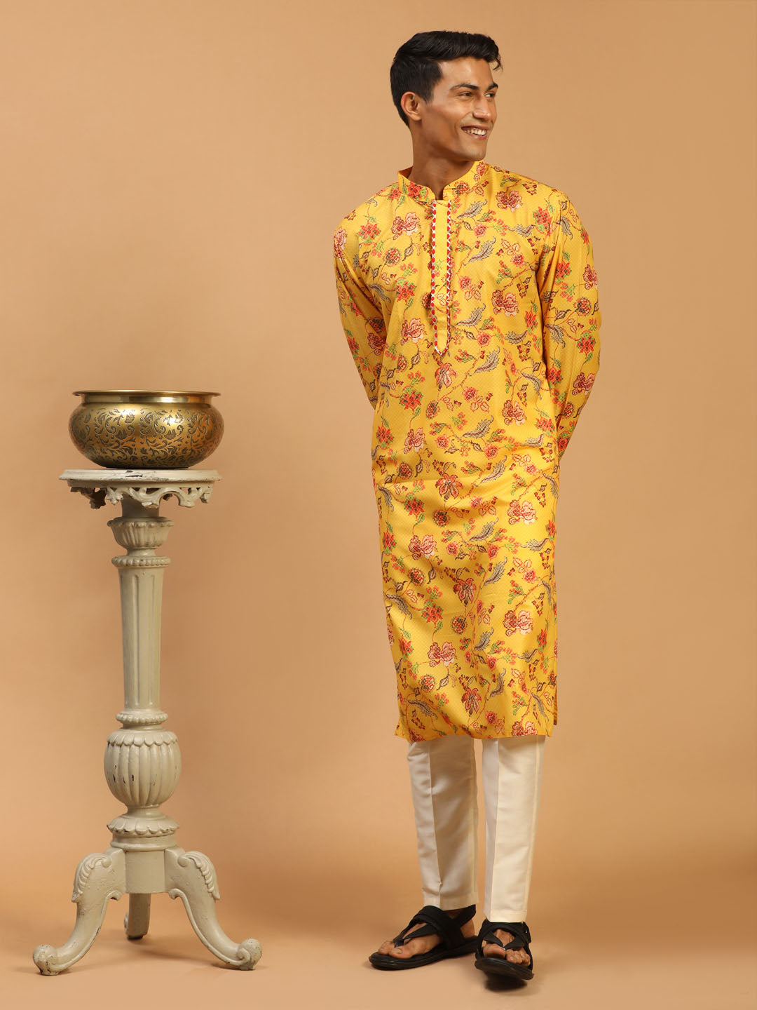 Men's Multicolor-Base-Mustard And Cream Muslin Blend Kurta Pyjama Set