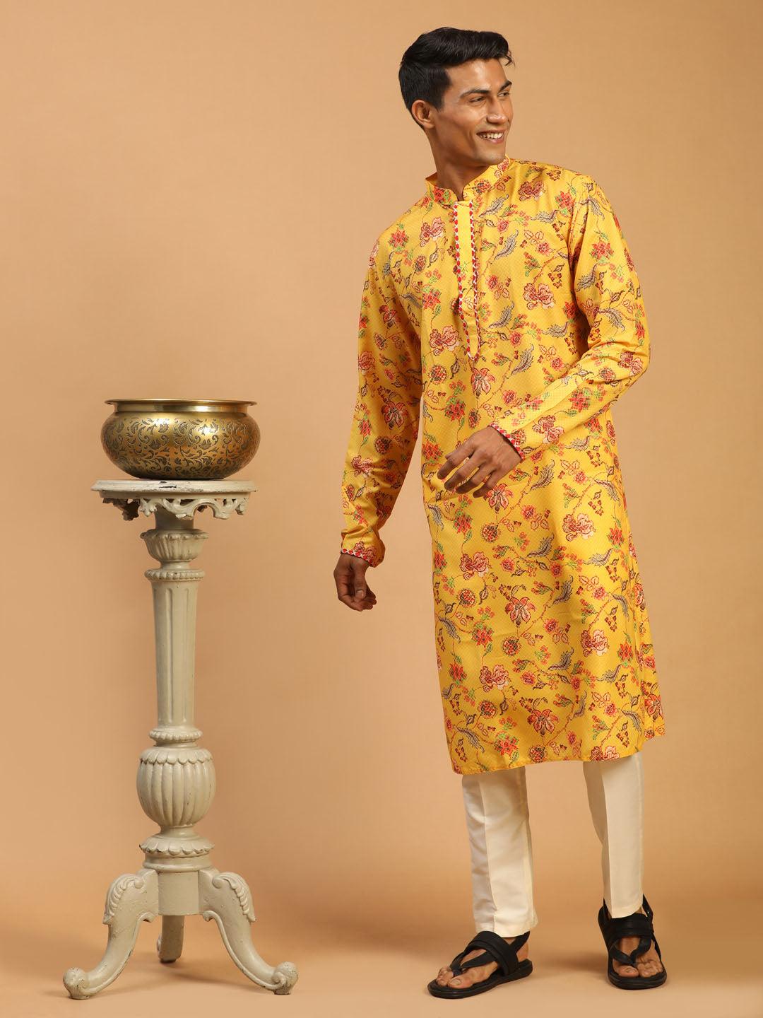 Men's Multicolor-Base-Mustard And Cream Muslin Blend Kurta Pyjama Set