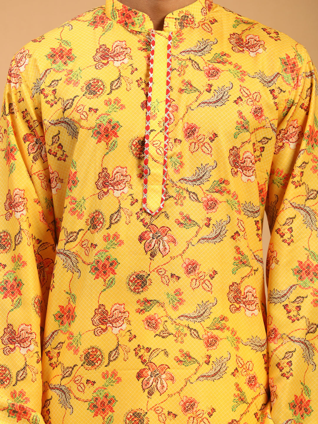 Men's Multicolor-Base-Mustard And Cream Muslin Blend Kurta Pyjama Set