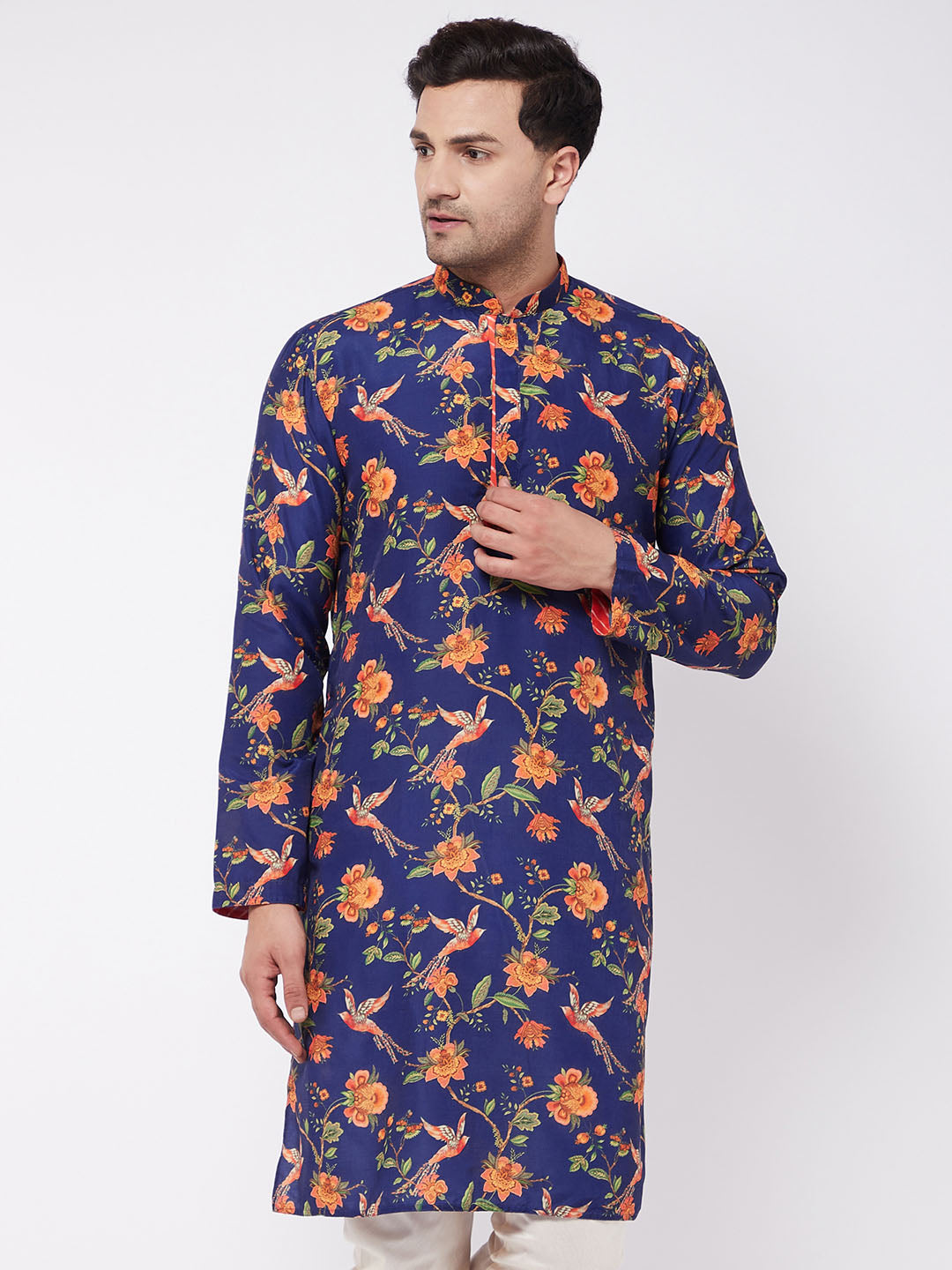 Men's Multicolor-Base-Navy Blue Muslin Blend Kurta