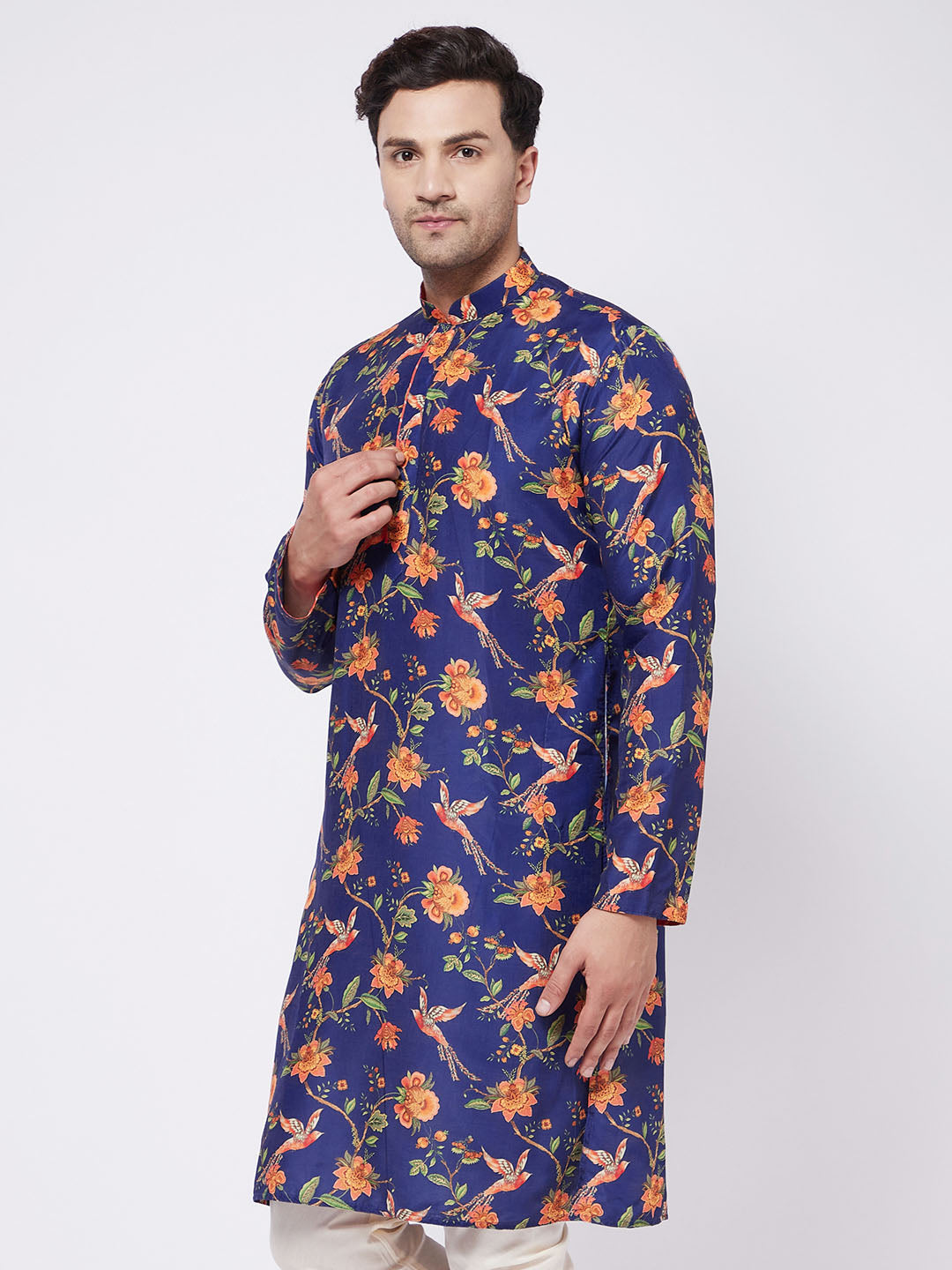 Men's Multicolor-Base-Navy Blue Muslin Blend Kurta