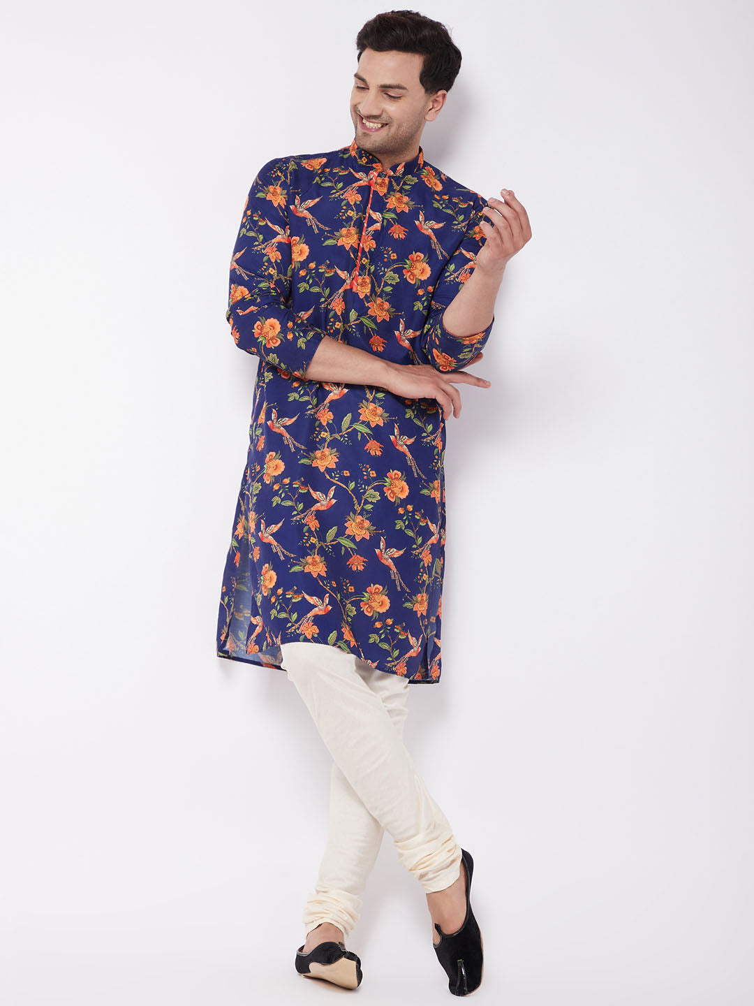 Men's Multicolor-Base-Navy Blue Muslin Blend Kurta