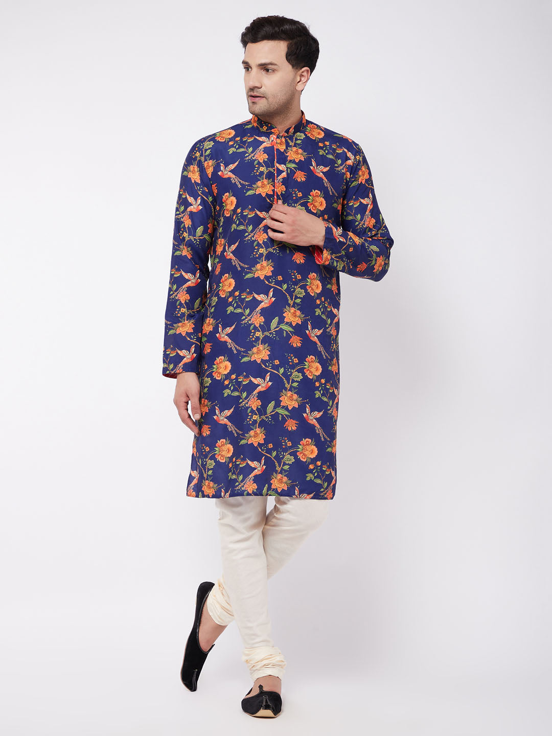 Men's Multicolor-Base-Navy Blue And Cream Muslin Blend Kurta Pyjama Set