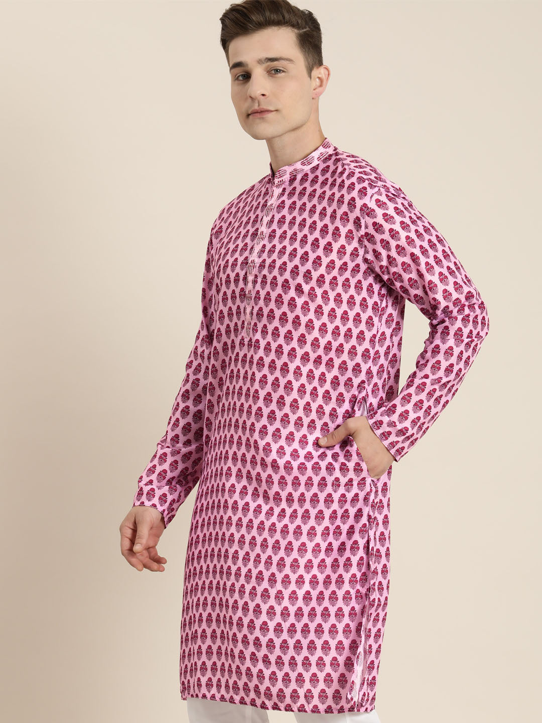 Men's Pink Cotton Blend Kurta