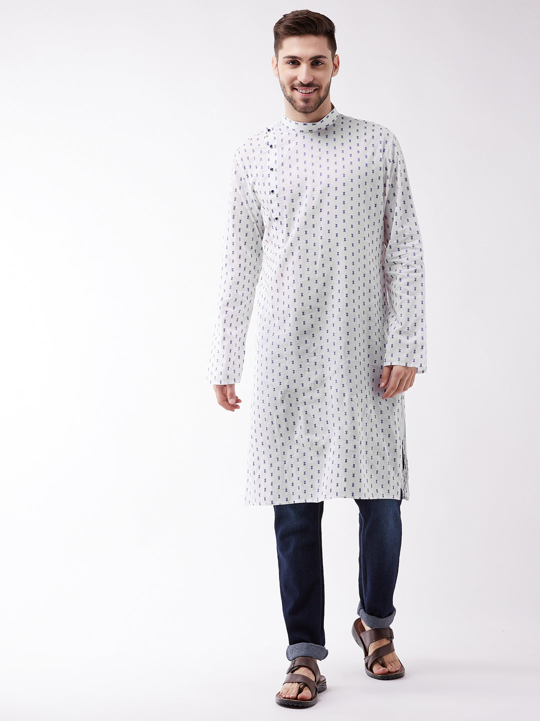 Men's White And Blue Cotton Kurta