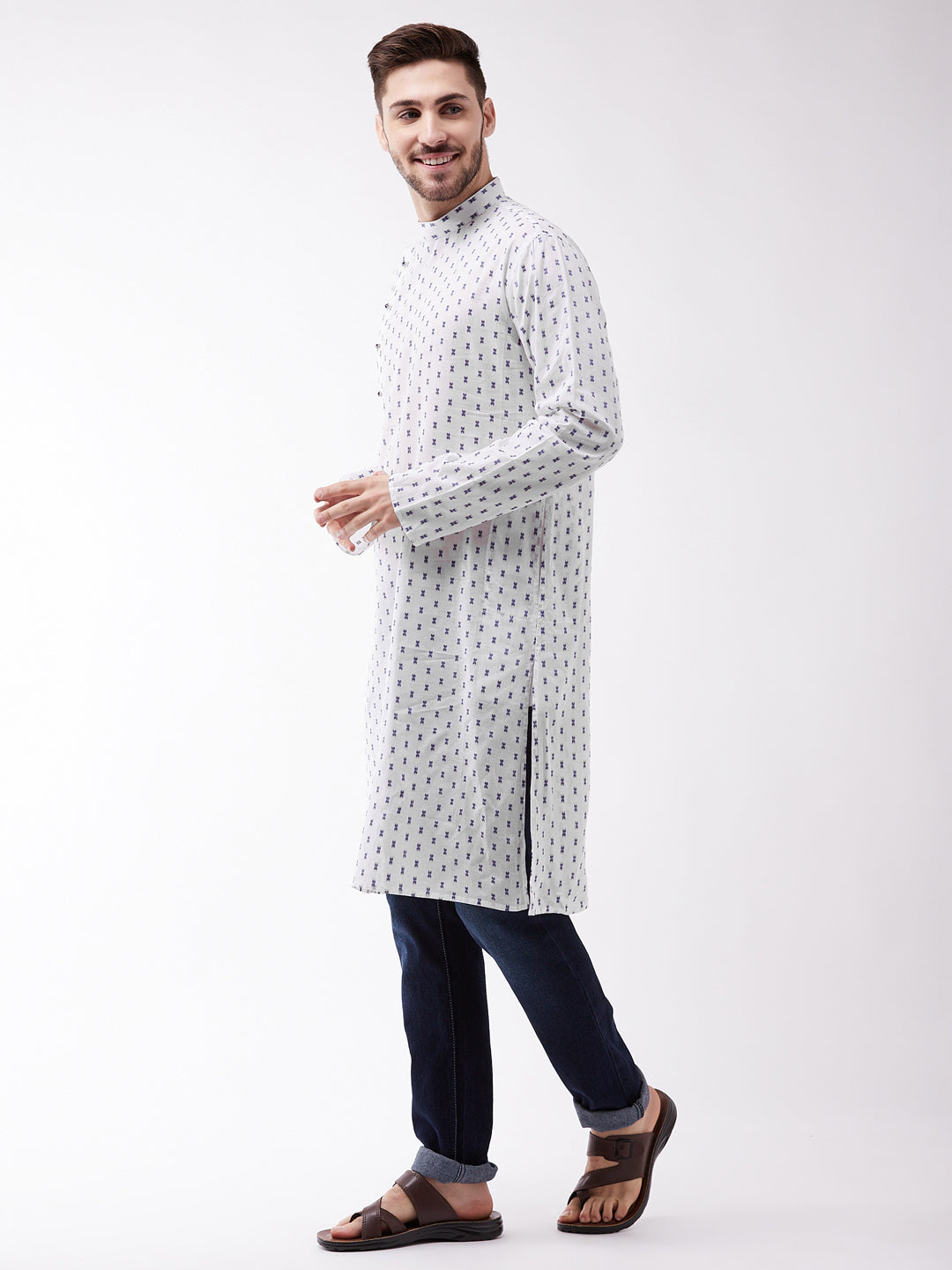 Men's White And Blue Cotton Kurta